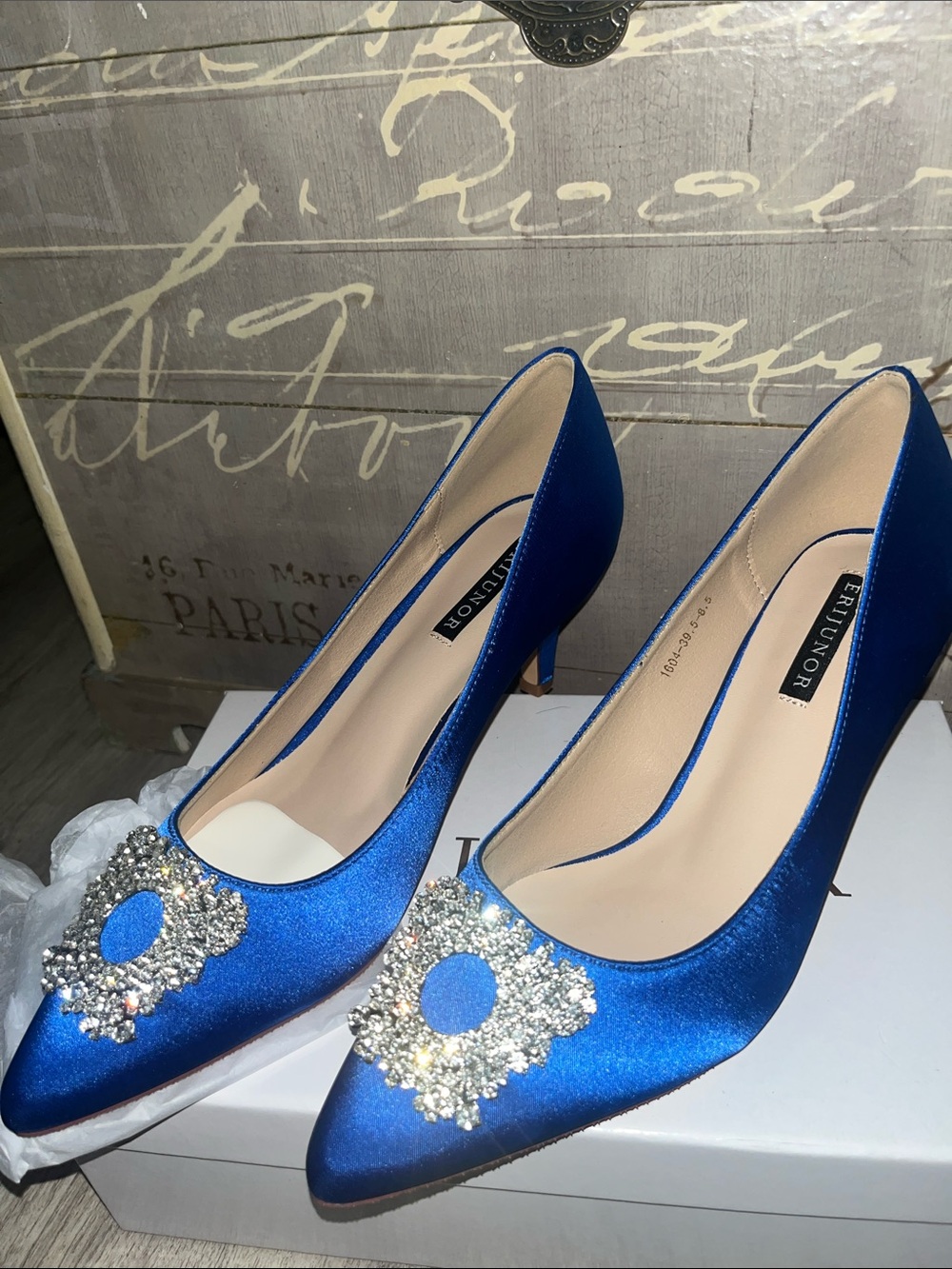 BRUNOR Royal Blue Satin Pointed-Toe Heels with Crystal Brooch